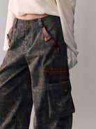 BEERBRO Leopard Print Spliced Cargo Pants in Brown - On Female Model