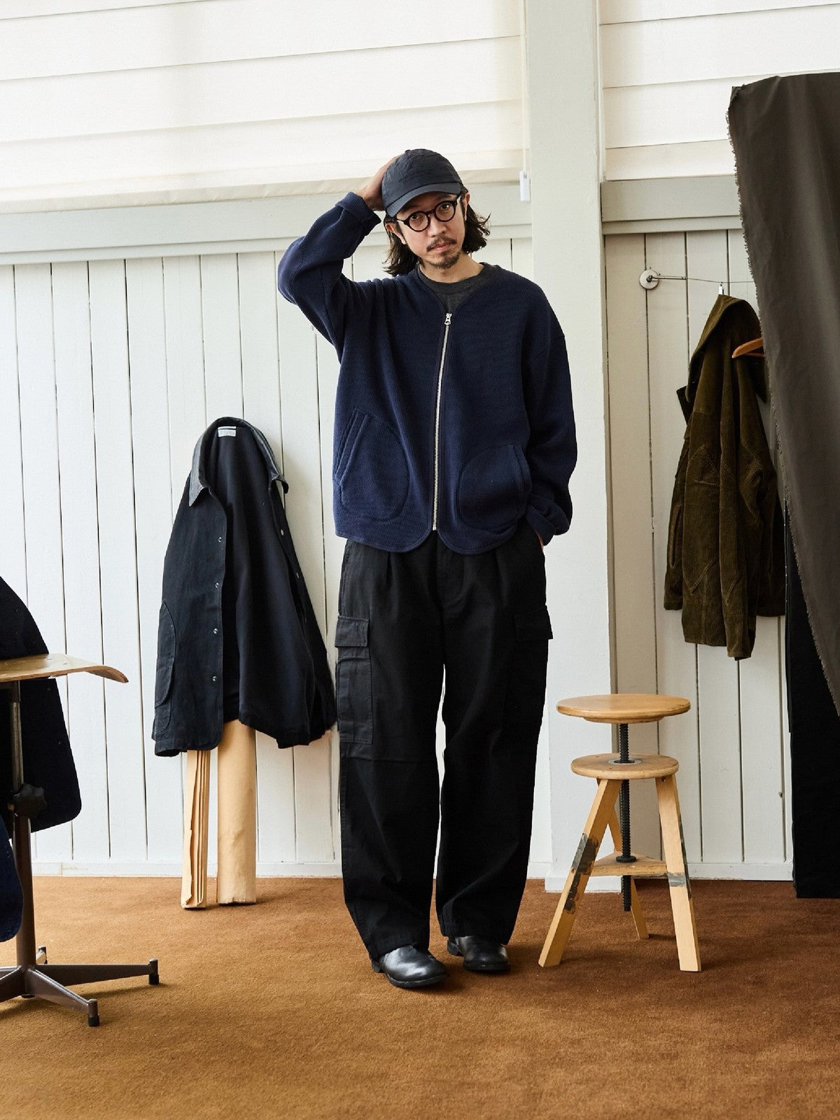 USAGE Heavyweight Waffle Knit Zip Cardigan in Navy Blue - On Male Model