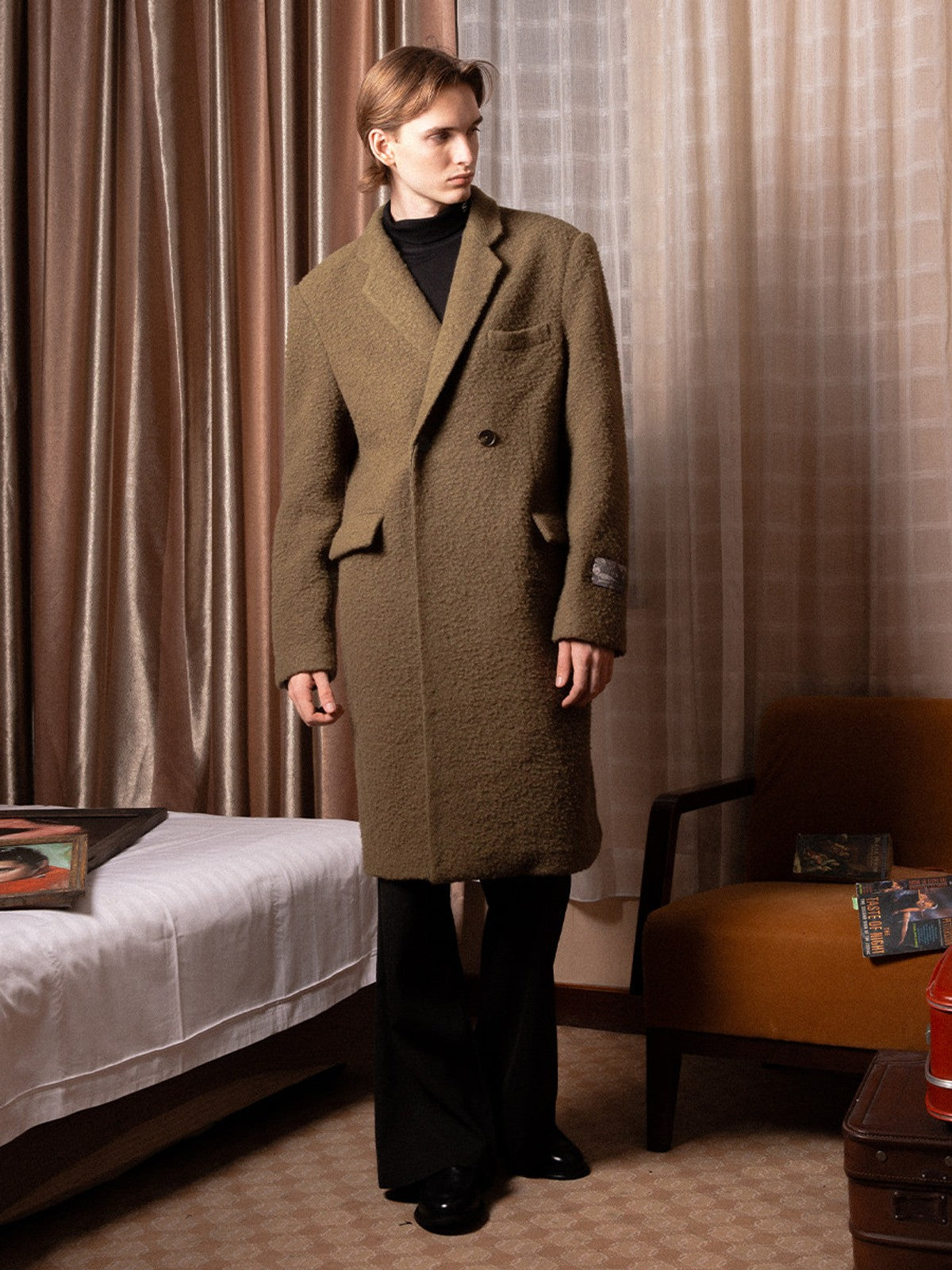 SOD Oversized Double Breasted Wool Blend Coat in Green - On Male Model