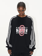 BLINDNOPLAN Color Block Graphic Raglan Sweatshirt in Black - On Female Model