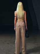 SMFK Wide Leg Cotton Cargo Sweatpants in Beige - On Female Model