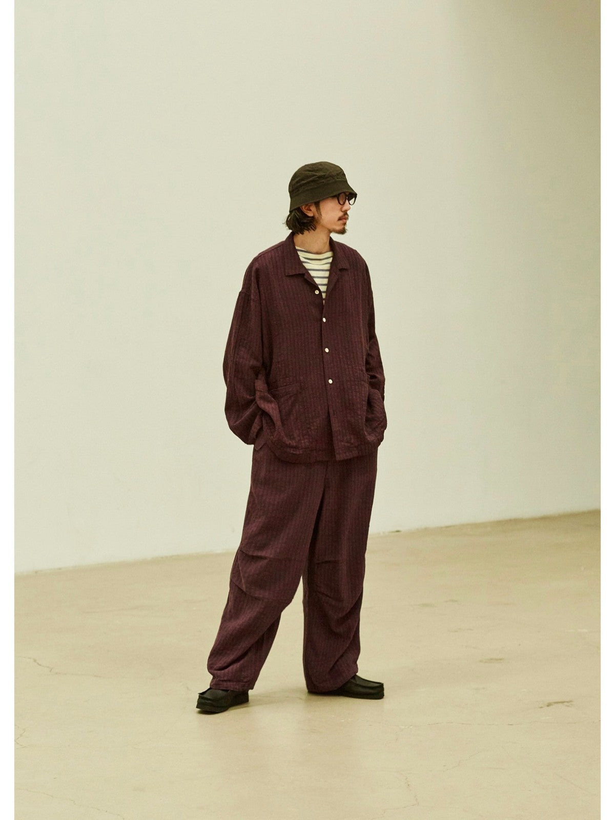USAGE Textured Cotton Ramie Work Shirt in Purple - On Male Model