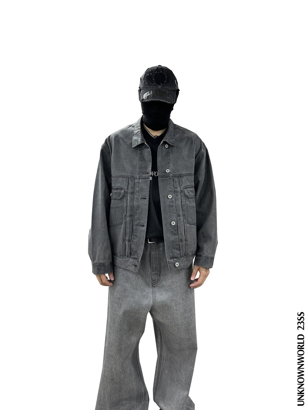 UNKNOWNWORLD Washed Grey Coated Trucker Jacket in Gray - On Model