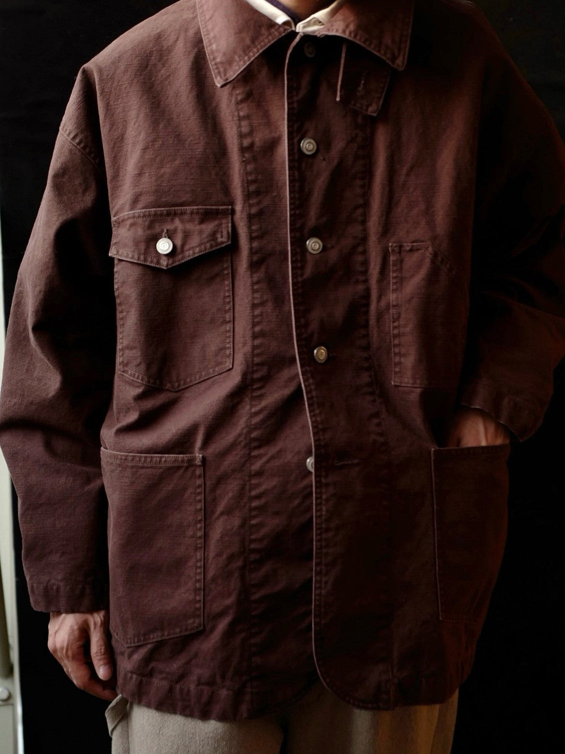 USAGE Washed Heavyweight Cotton Chore Jacket in Brown - On Male Model