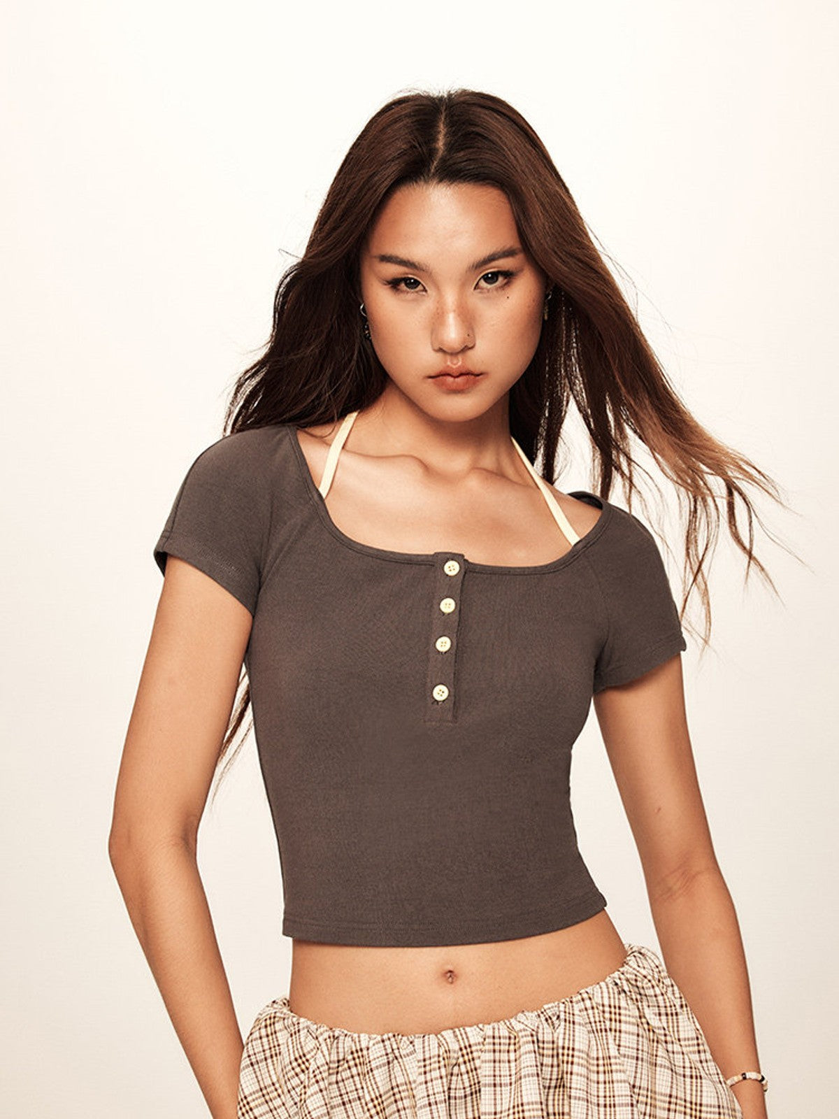 BEERBRO Faux Layered Knit Henley Crop Top in Beige - On Female Model