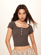 BEERBRO Faux Layered Knit Henley Crop Top in Beige - On Female Model