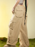 BEERBRO Drawstring Panelled Cargo Pants in Beige - On Female Model