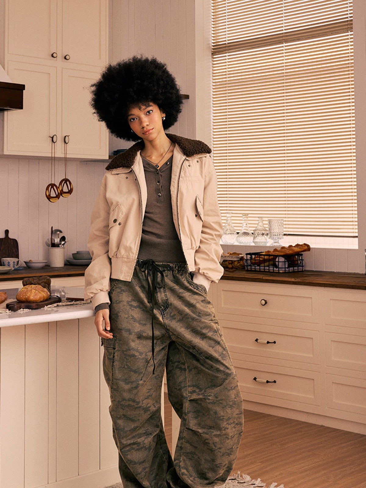 BEERBRO Washed Camo Parachute Cargo Pants in Olive - On Female Model
