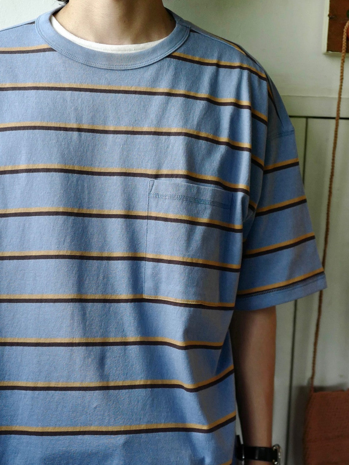 USAGE Retro Striped Cotton T Shirt in Blue - On Male Model