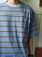 USAGE Retro Striped Cotton T Shirt in Blue - On Male Model