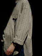 USAGE Crinkled Cotton Striped Button Down in Beige - On Model