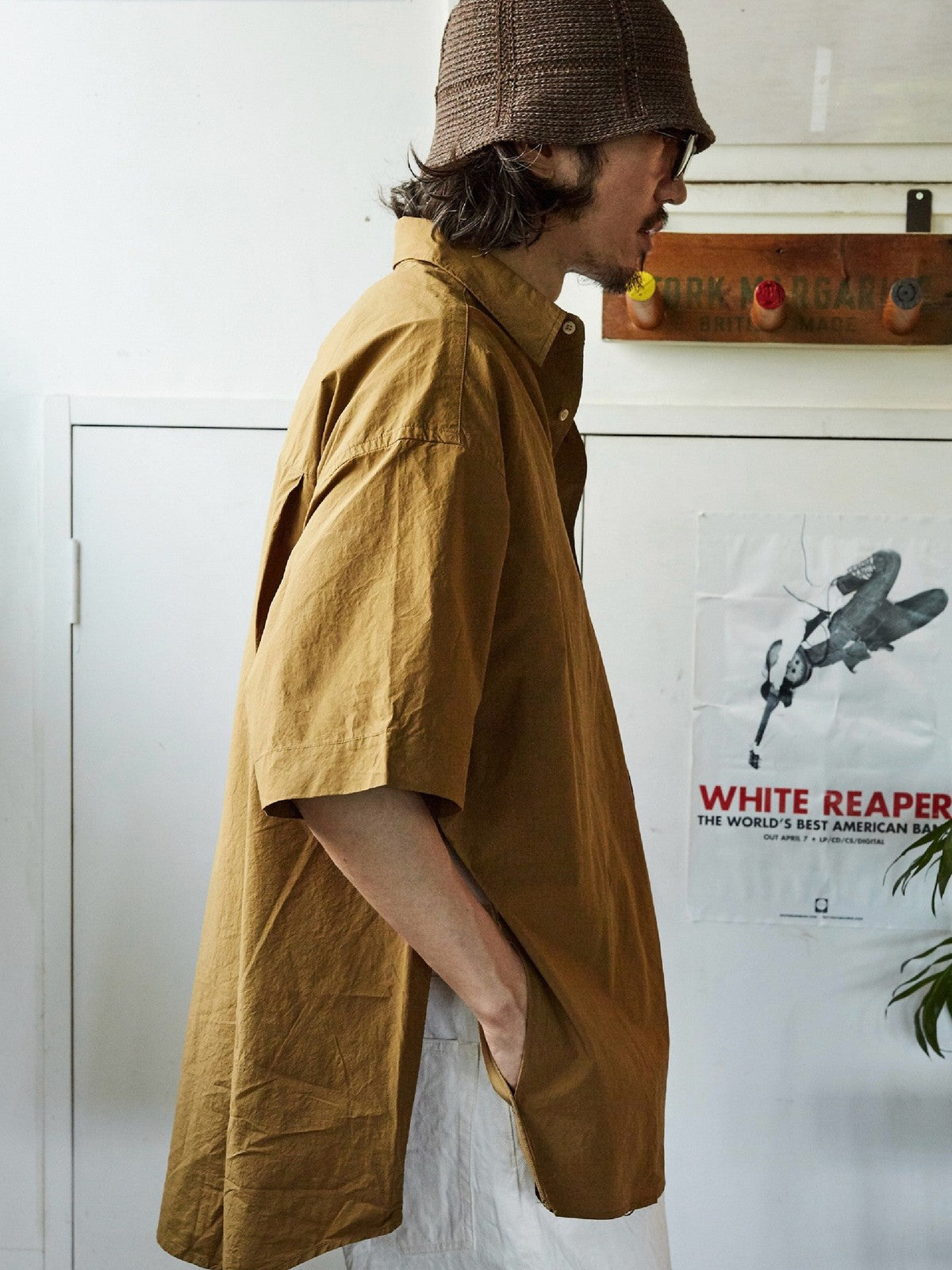USAGE Cotton Crinkle Short Sleeve Shirt in Beige - On Male Model