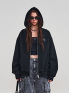 SMFK Embroidered Cotton Zip Up Hoodie in Black - On Female Model
