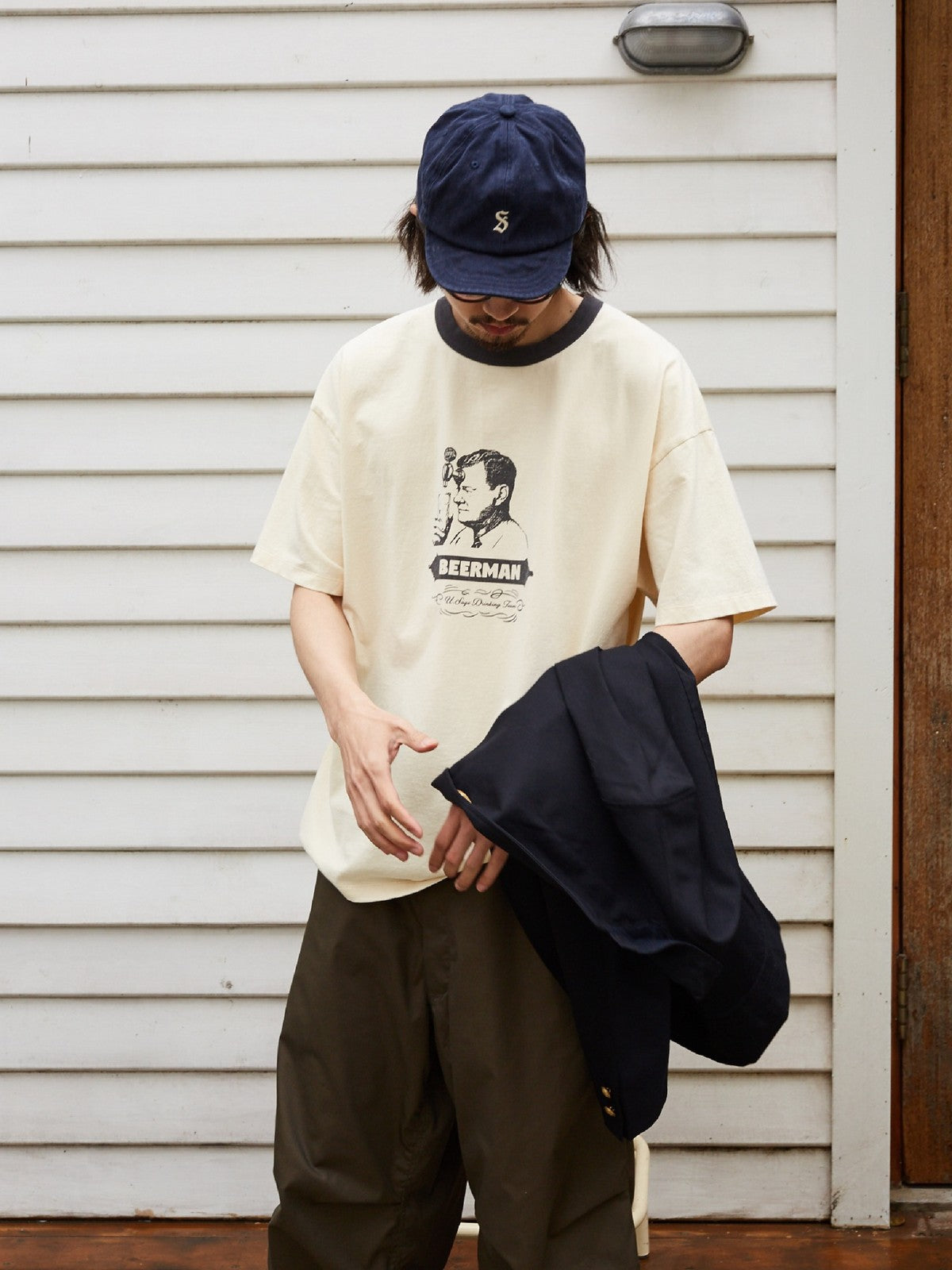 USAGE Graphic Cotton Ringer T Shirt in Cream - On Male Model