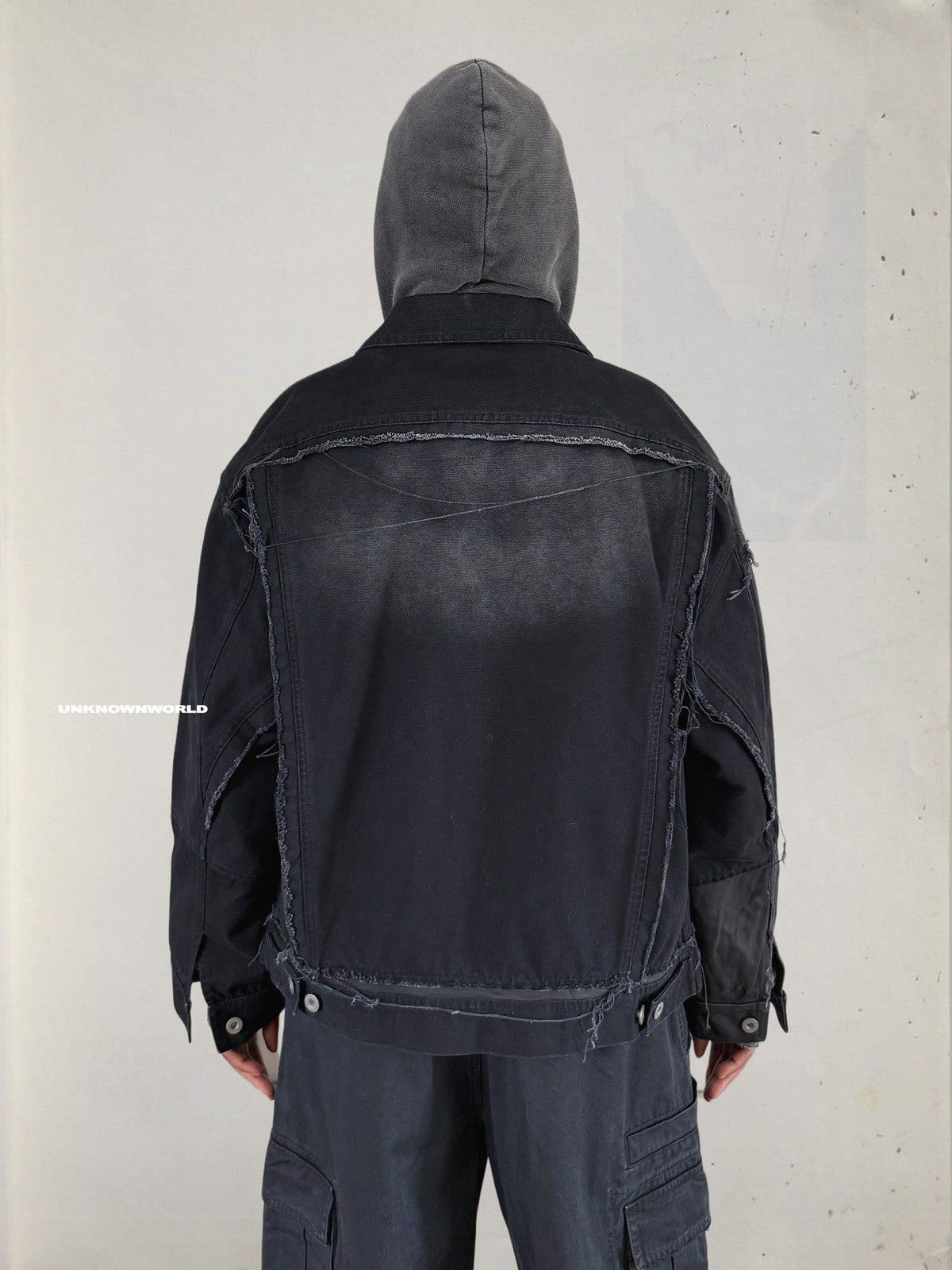 UNKNOWNWORLD Deconstructed Denim Horsehide Jacket in Black - On Model