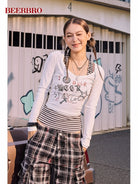 BeerBro Graffiti Print Tee Striped Tank Set in White - On Female Model