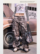 BeerBro Graffiti Plaid Strap Cargo Pants in Brown - On Female Model