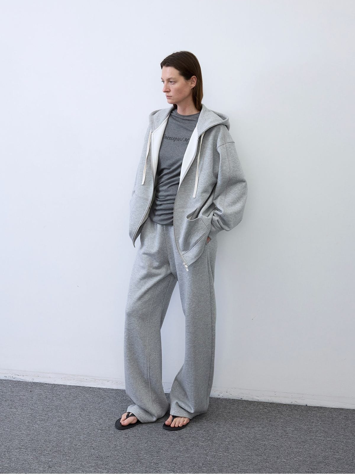 Random Piece Cotton Lyocell Zip Up Hoodie in Gray - On Female Model