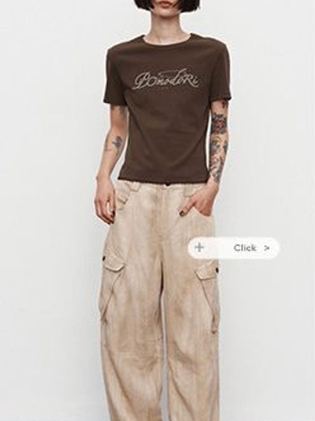 Random Piece Contrast Print Lace Trim T Shirt in Brown - On Female Model