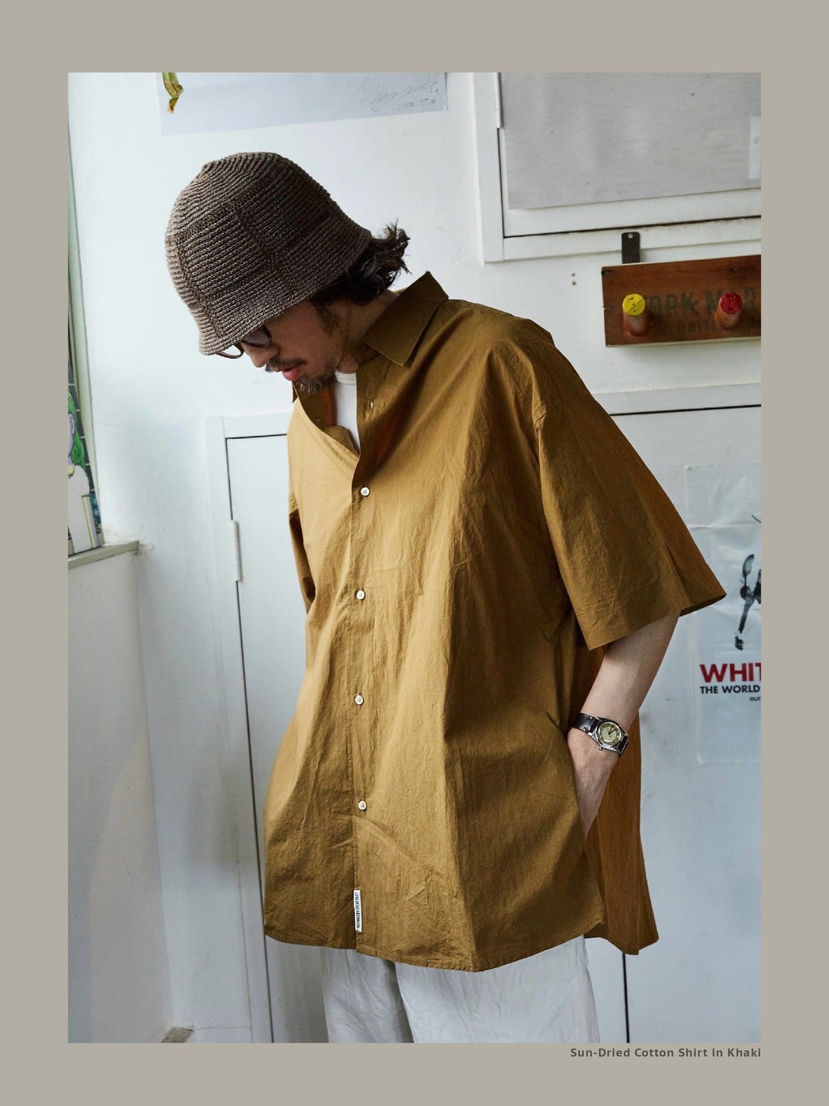 USAGE Cotton Crinkle Short Sleeve Shirt in Beige - On Male Model