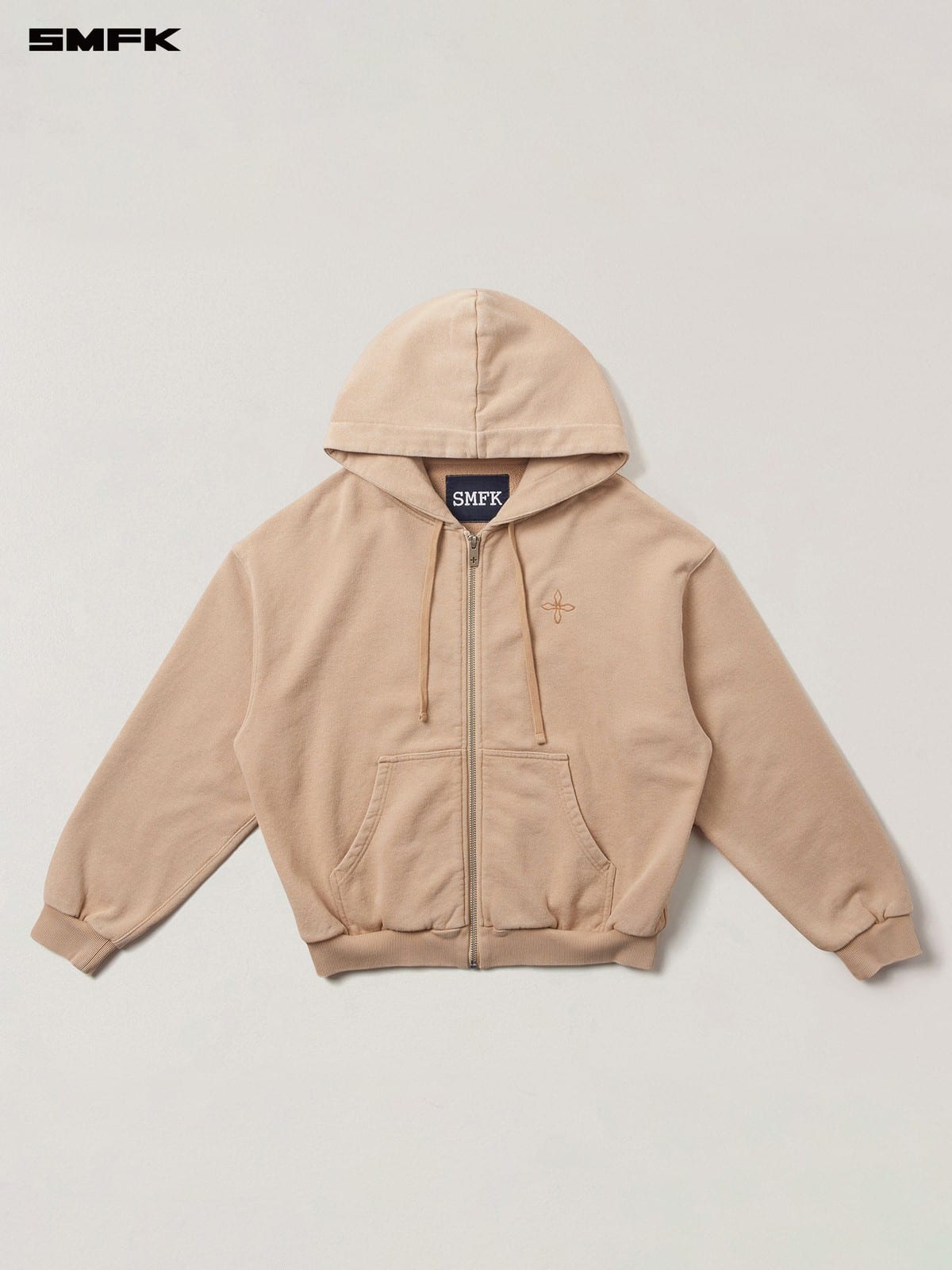 SMFK Cross Embroidered Cotton Zip Up Hoodie in Beige