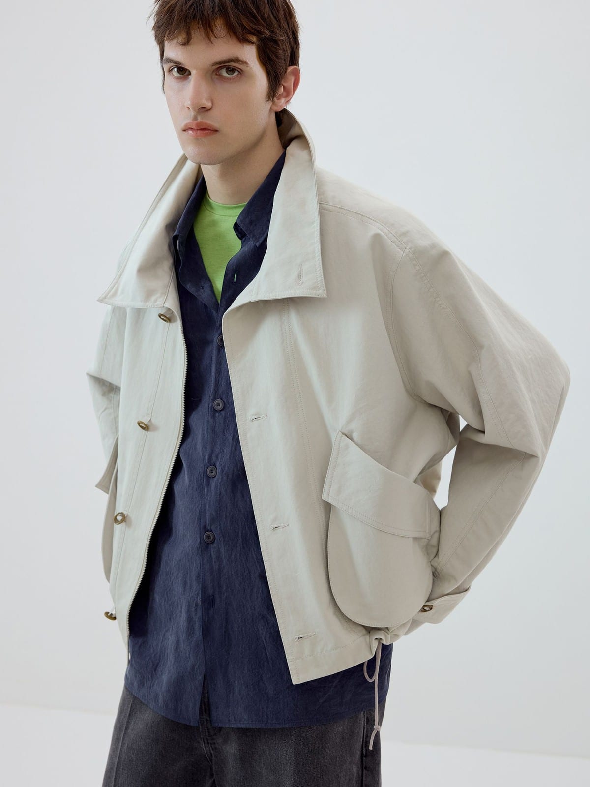 SIMPLE PROJECT Cotton Nylon High Neck Jacket in Gray - On Male Model