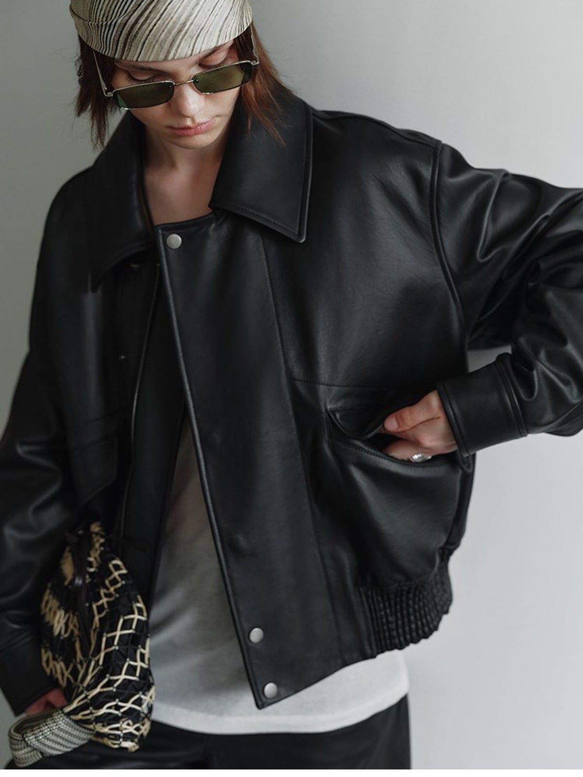 MSBEAST Cow Leather Flight Jacket in Black - On Female Model