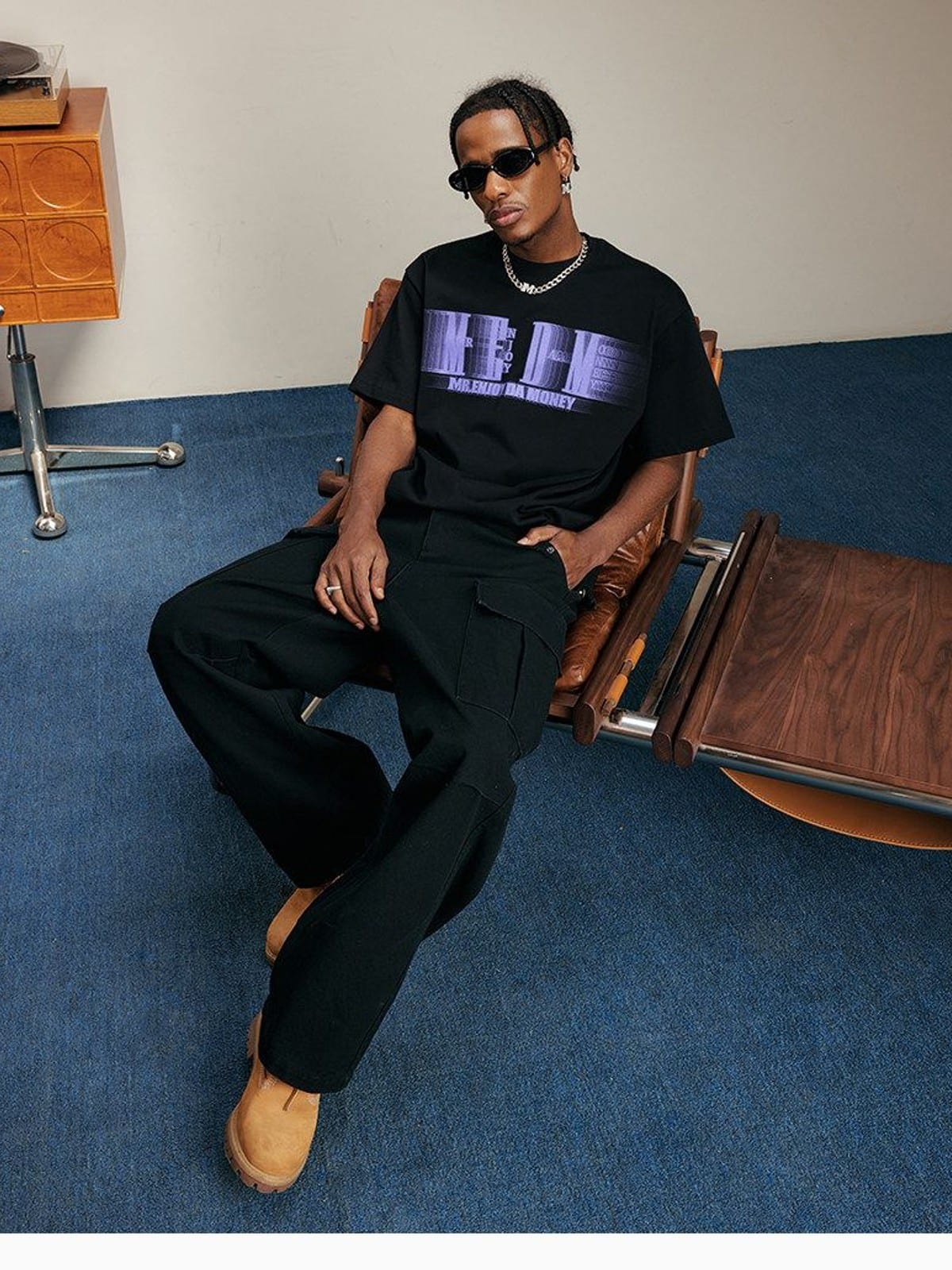 MEDM Glitch Logo Graphic Cotton T Shirt in Purple - On Male Model