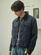 Retro 21 Washed Cotton Padded Work Jacket in Navy Blue - On Male Model