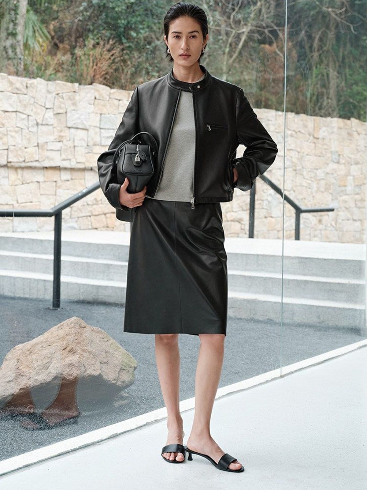 MSBEAST Suede Leather Cropped Moto Jacket in Black - On Female Model