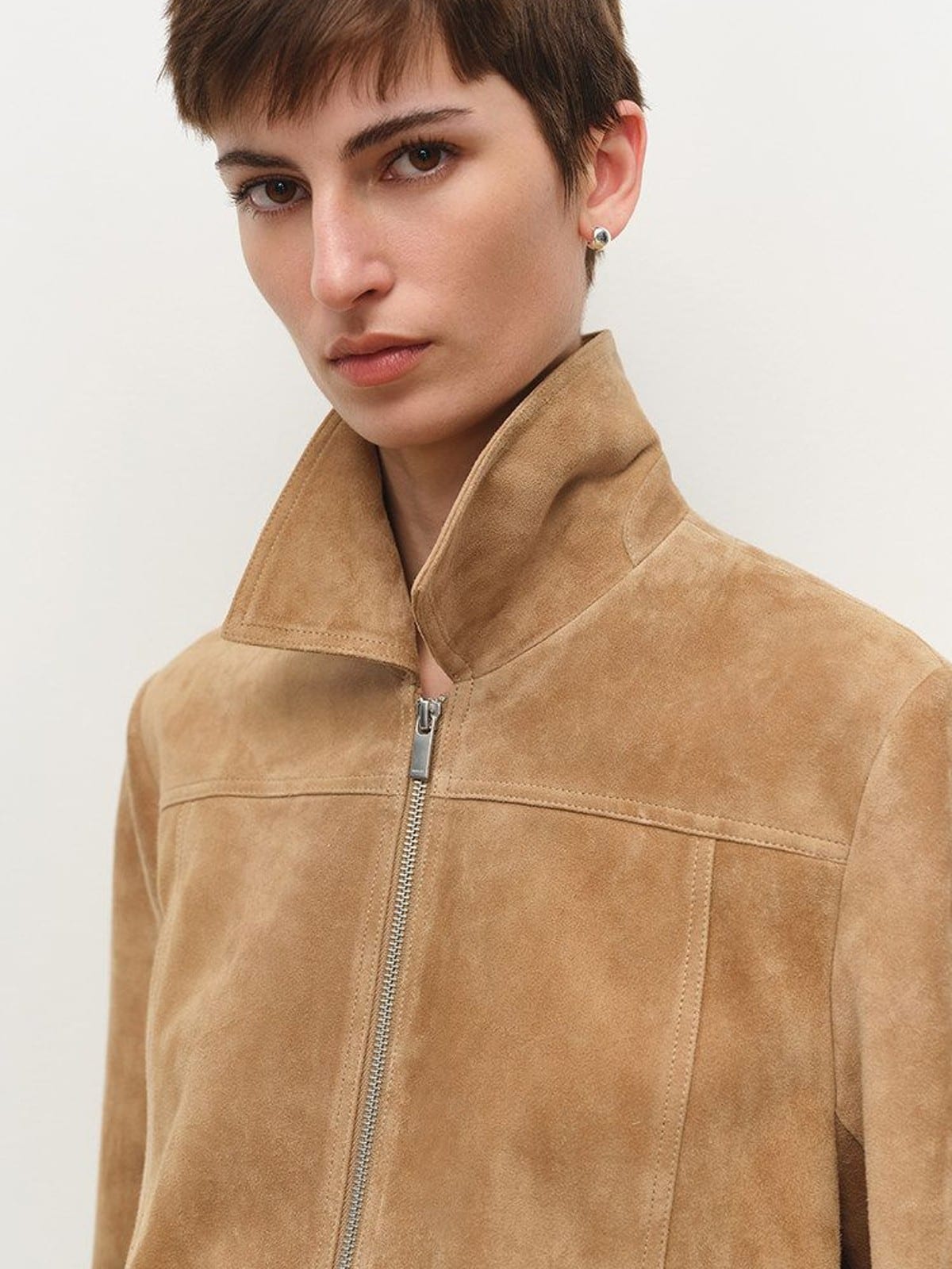 MSBEAST Top Grain Sheepskin Collared Bomber in Beige - On Female Model