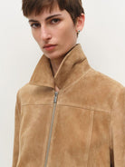 MSBEAST Top Grain Sheepskin Collared Bomber in Beige - On Female Model