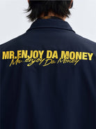 MEDM Nylon Stand Collar Coach Jacket in Navy Blue - On Model