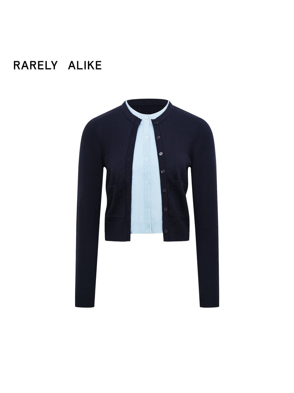 RARELY ALIKE Wool Color Block Layered Cardigan in Navy Blue