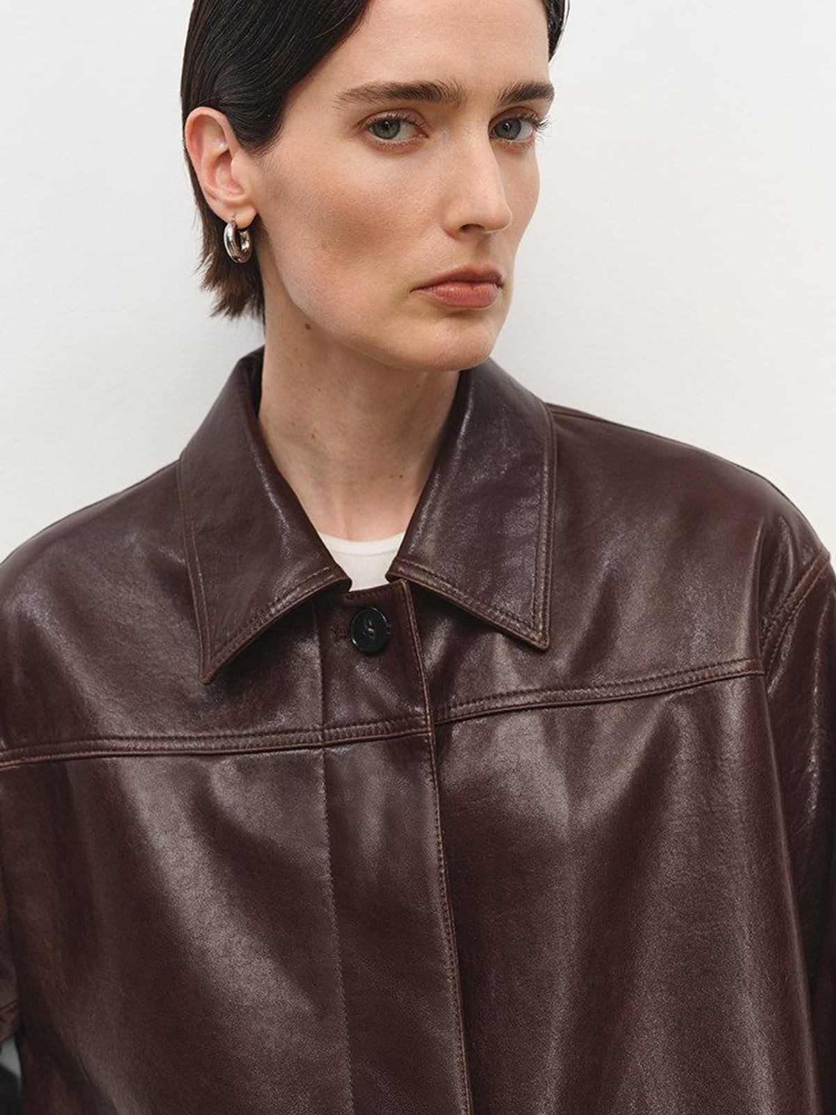MSBEAST Mid Length Sheepskin Leather Jacket in Brown - On Female Model