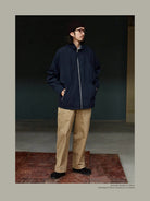 USAGE Drawstring Zip Front Tech Anorak in Navy Blue - On Male Model
