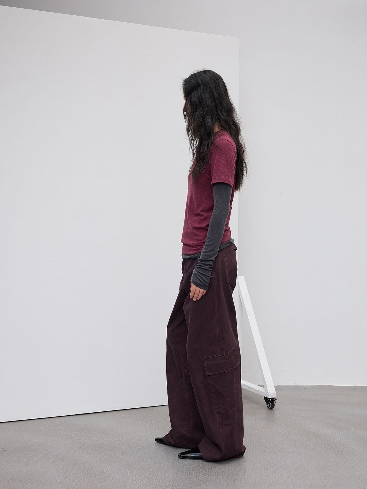 Random Piece Merino Wool U Neck Short Sleeve T Shirt in Burgundy - On Female Model