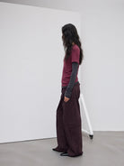 Random Piece Merino Wool U Neck Short Sleeve T Shirt in Burgundy - On Female Model