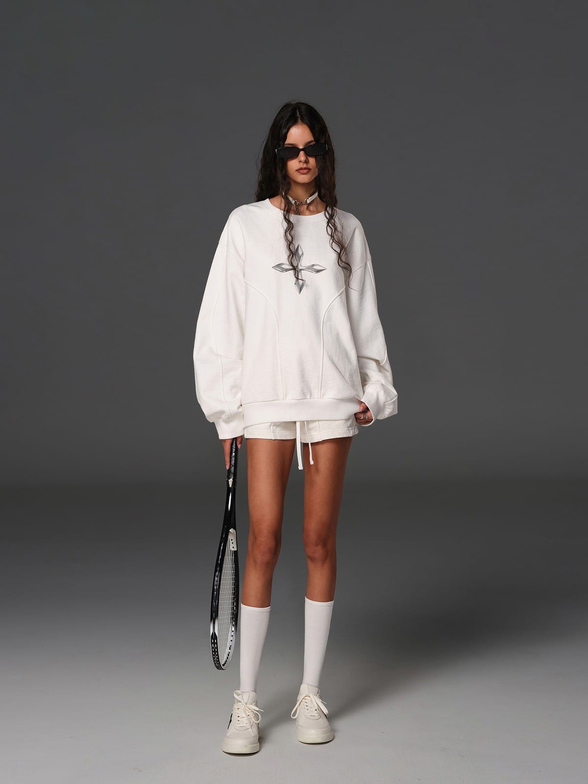 SMFK Cotton Wool Blend Drawstring Shorts in White - On Female Model