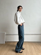 RARELY ALIKE Adjustable Collar Balloon Sports Jacket in White - On Female Model