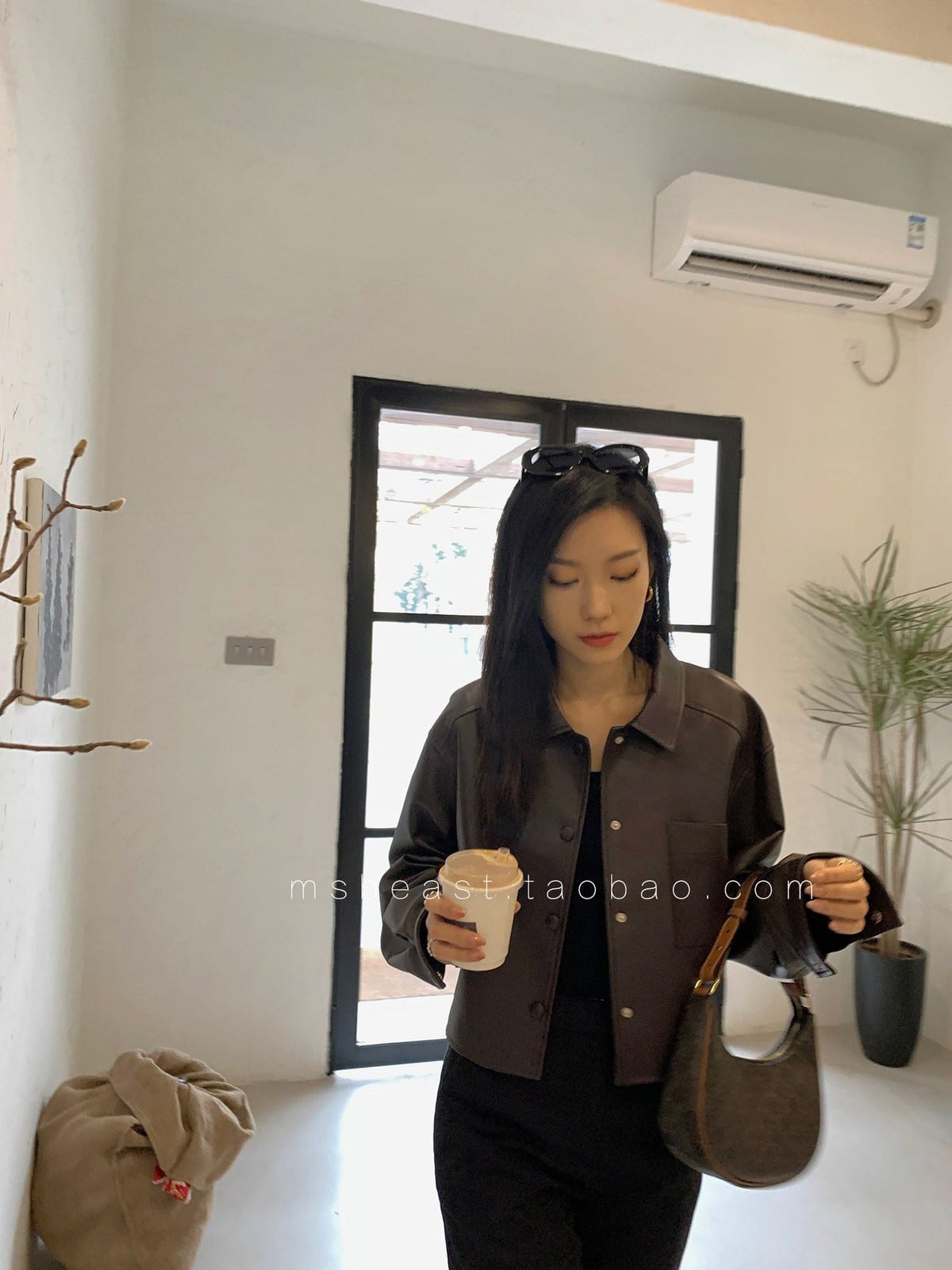 MSBEAST Cropped Sheepskin Leather Shirt Jacket in Brown - On Female Model