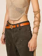 SMFK Cross Totem Hand Burnished Leather Belt in Beige - On Female Model