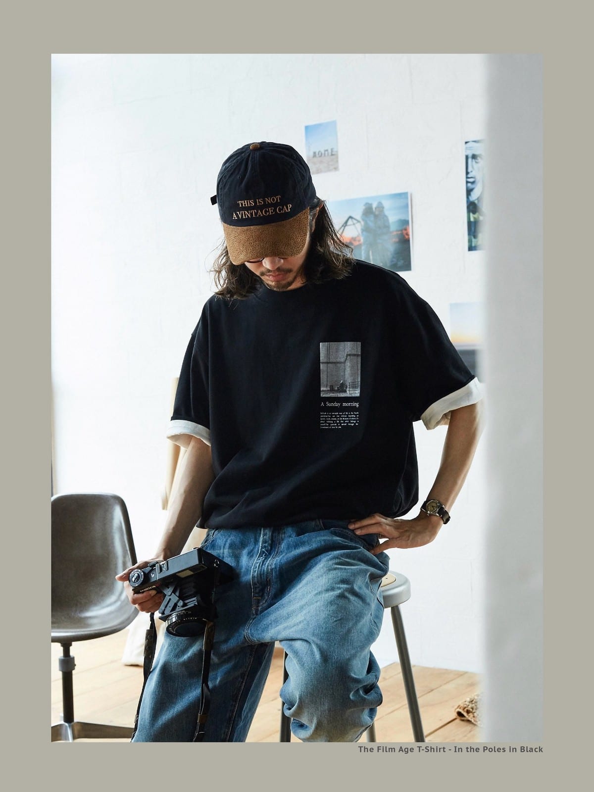 USAGE Air Spun Cotton Graphic T Shirt in Black - On Male Model