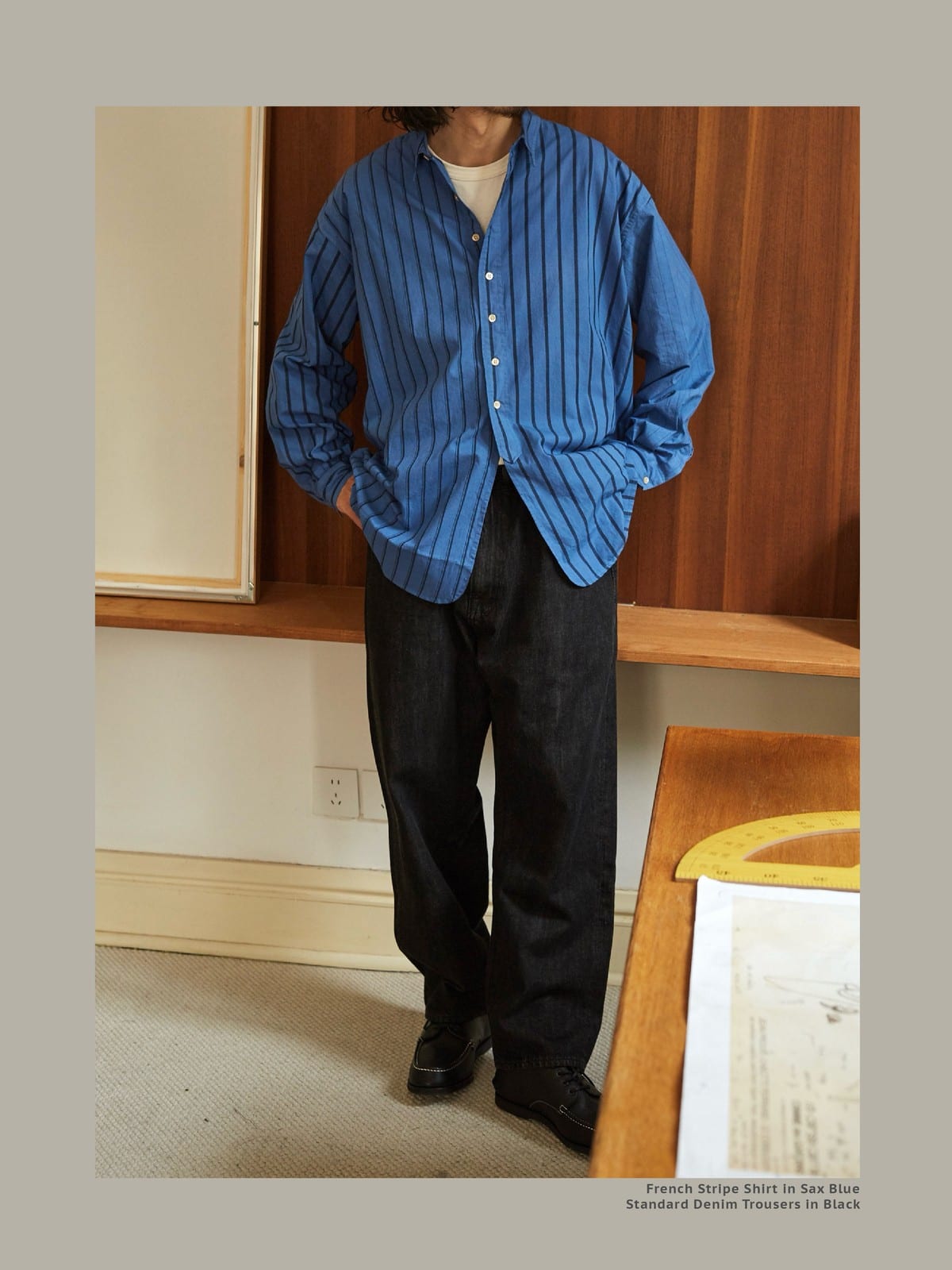 USAGE Heavily Washed Selvedge Denim Jeans in Black - On Male Model