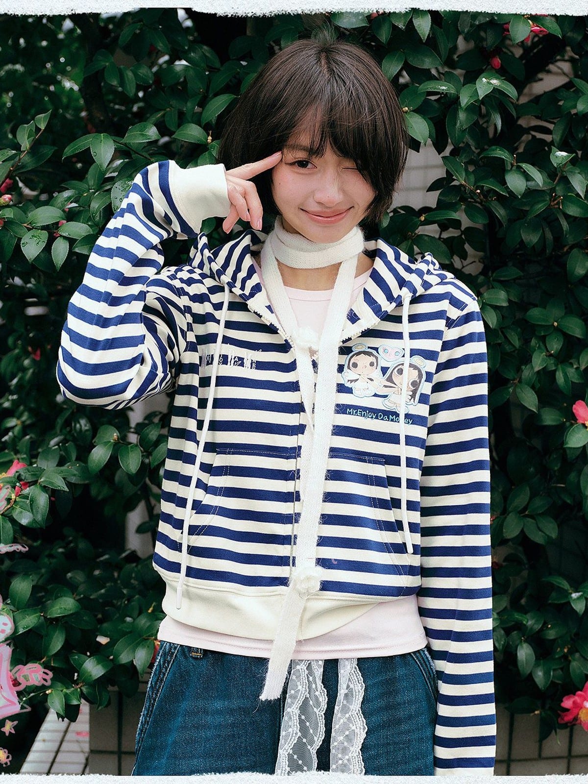 MEDM Cropped Striped Applique Zip Hoodie in Navy Blue - On Female Model