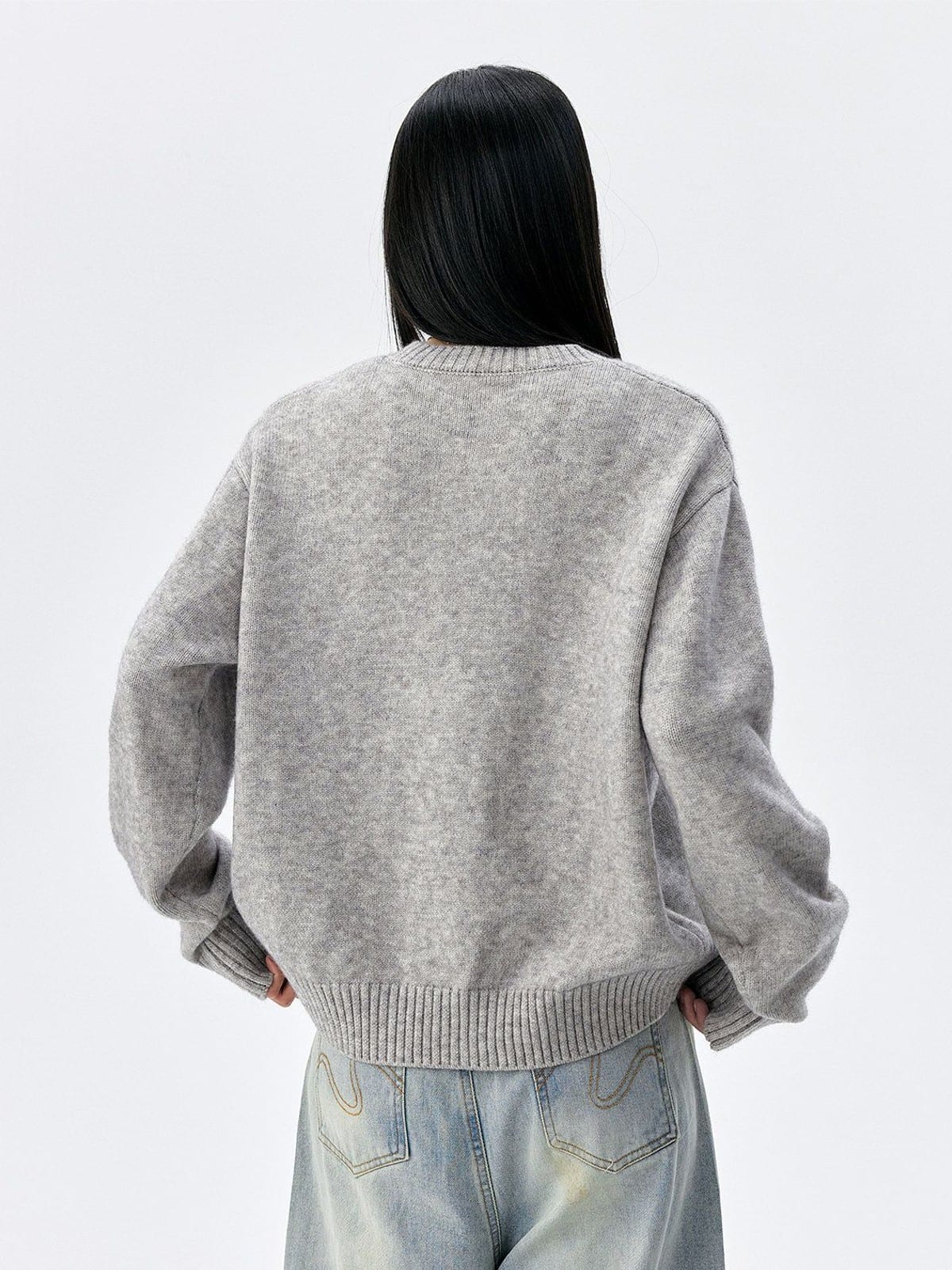 MEDM Floral Embroidered Knit Cardigan in Gray - On Model