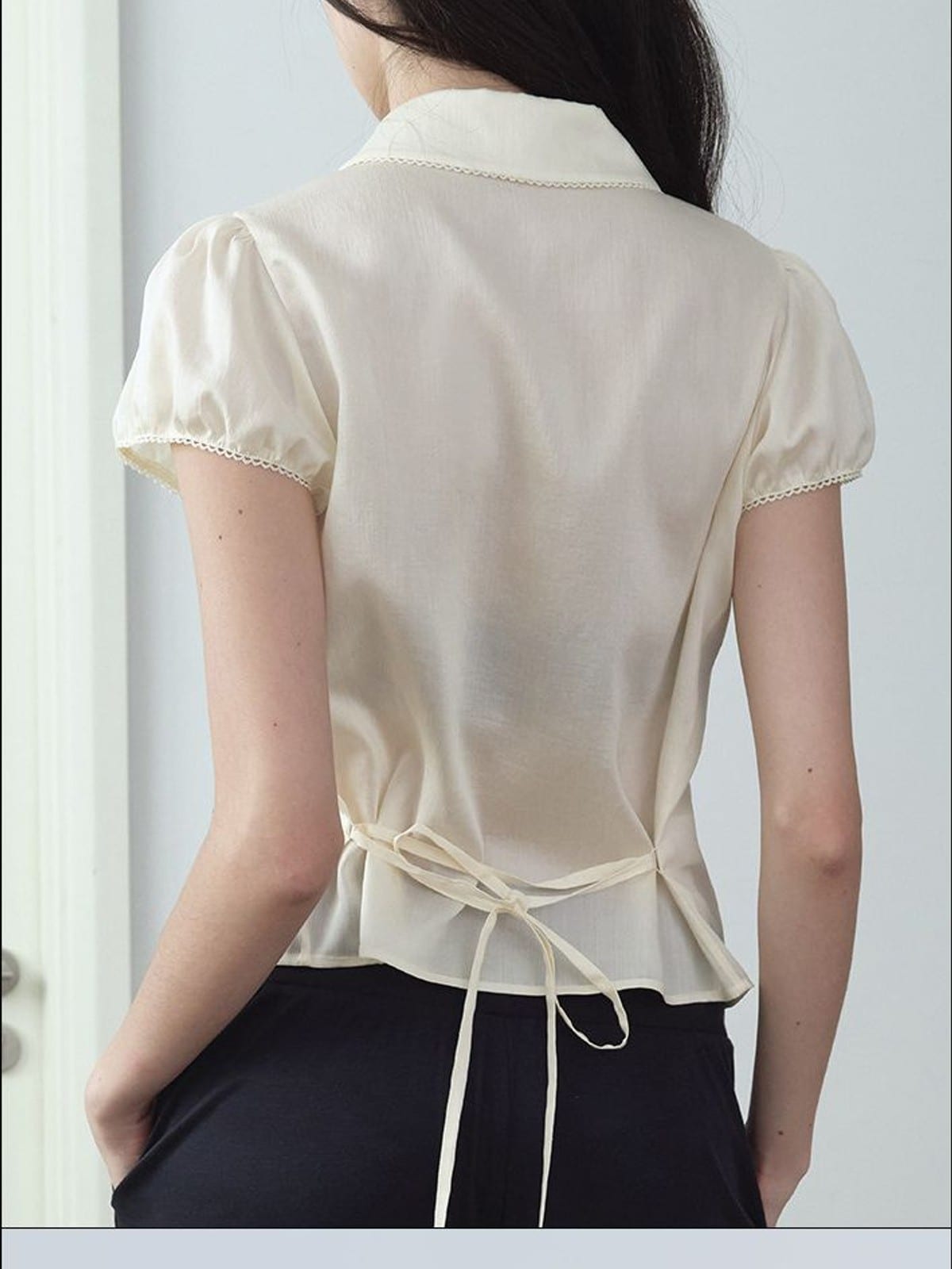 RARELY ALIKE Peter Pan Collar Tie Front Shirt in Cream - On Female Model