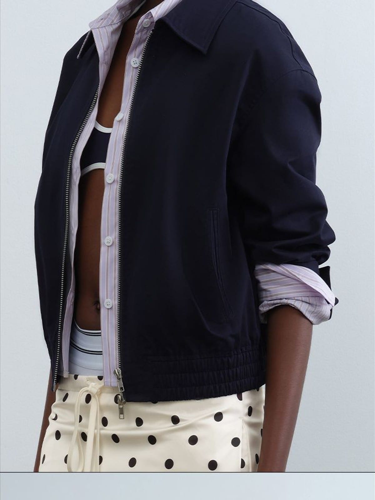 RARELY ALIKE Mock Layer Striped Cropped Jacket in Navy Blue - On Female Model