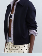 RARELY ALIKE Mock Layer Striped Cropped Jacket in Navy Blue - On Female Model