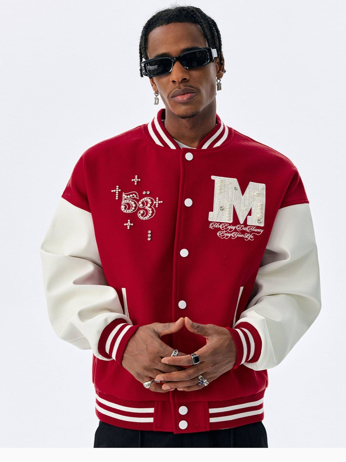 MEDM Pearl Embellished Varsity Jacket in Burgundy - On Male Model